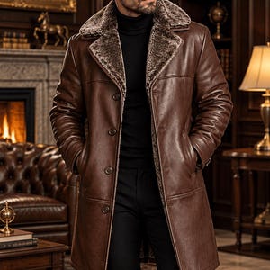 May include: A brown leather coat featuring a wide lapel collar lined with textured gray faux fur. The coat has a button-front closure, long sleeves, and two side pockets. It is worn over a black turtleneck sweater and black trousers.