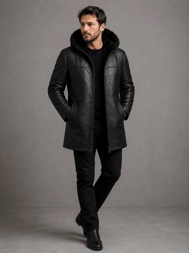 May include: A black leather hooded coat featuring a smooth exterior finish, a front zipper closure, and a plush dark interior lining. The coat includes long sleeves, two side pockets, and a drawstring hood, worn over a black shirt and black trousers.