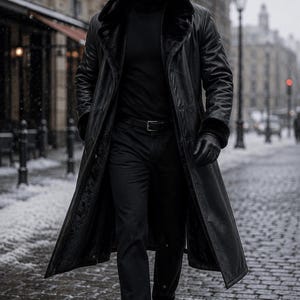 May include: A long black leather trench coat with a thick faux fur collar and lining, worn over a black turtleneck sweater, black trousers with a leather belt, black leather gloves, and black dress shoes, paired with dark aviator sunglasses.