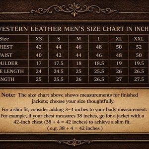 May include: A dark brown rectangular size chart for leather jackets with gold text. It displays measurements in inches for chest, waist, shoulder, sleeve length, and total length across sizes XS to XXXL, including a note on choosing a slim fit.