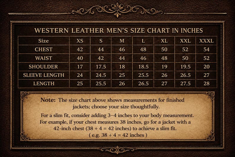 May include: A dark brown rectangular size chart for leather jackets with gold text. It displays measurements in inches for chest, waist, shoulder, sleeve length, and total length across sizes XS to XXXL, including a note on choosing a slim fit.