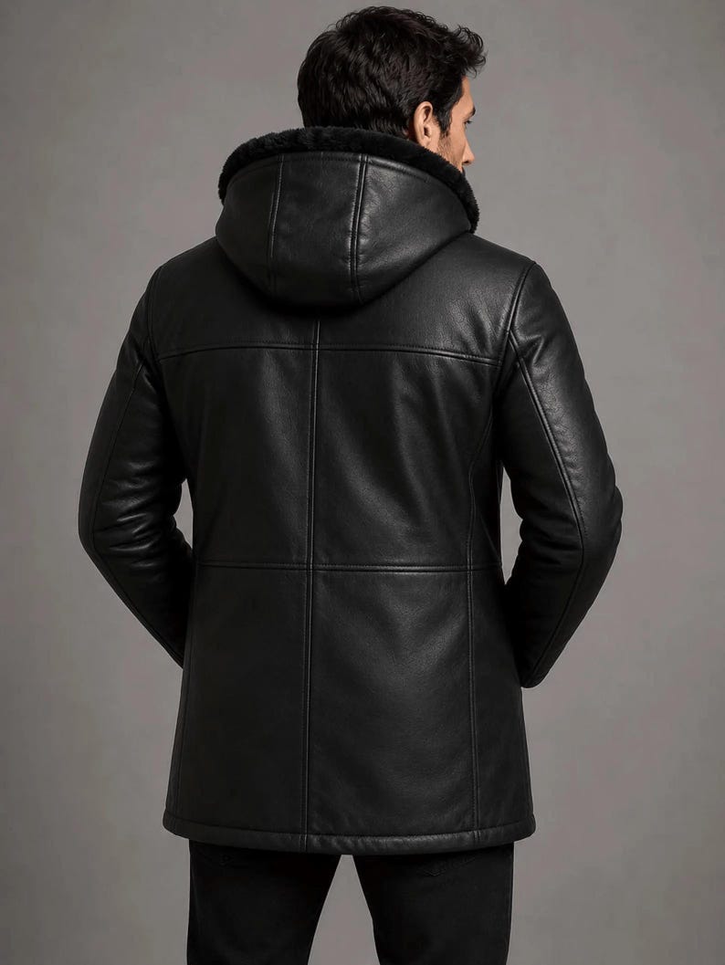 May include: A black leather jacket featuring a hood lined with black faux fur. The jacket has a smooth finish with visible horizontal and vertical seam detailing across the back, long sleeves, and a straight hemline that reaches the upper thighs.