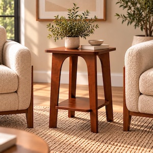 May include: A square wooden side table with a warm brown finish, featuring four arched legs and a lower shelf. The tabletop holds a small potted green plant in a textured light-coloured pot, a small shallow bowl, and a closed rectangular book.