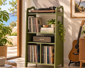 Almacenamiento de discos de vinilo, soporte de madera para discos LP, estante moderno para discos, muebles para almacenamiento de vinilos, soporte para exhibir tocadiscos