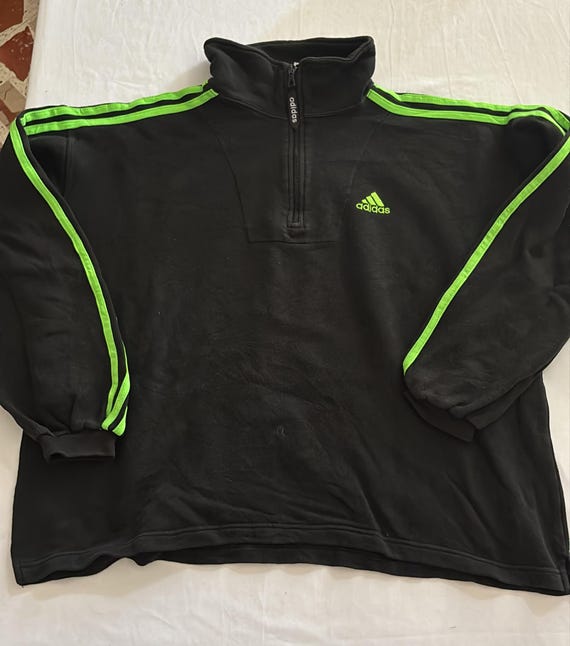 Felpa Adidas Vintage Anni '90/'00 1/4 Zip Nero e Verde Neon - Taglia S/M