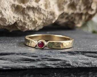 14K yellow gold hammered ring with fine gemstone for women or girl with engraving
