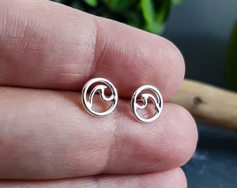 tiny surf studs, tsunami jewelry, wave earrings, silver diving jewelry, scuba diving earrings, beach silver earrings, surfing earrings