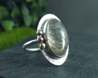 Rutile quartz ring, quartz ring, women quartz ring, statement ring, one of a kind ring, 925 silver ring, silver and gold ring, rutile quartz