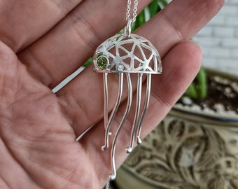 Big Jellyfish Pendant sterling silver and gemstone for women 925 silver Chain included