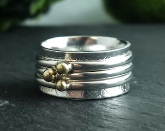 meditation ring, silver and gold spinner ring, gold spinner ring, anti stress ring, gold nugget ring, silver and gold ring, gold spinner