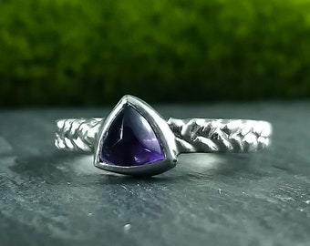 Amethyst trillion ring, braided ring, solitaire ring, amethyst wedding ring, garnet trillion ring, moonstone triliion ring, 925 silver ring