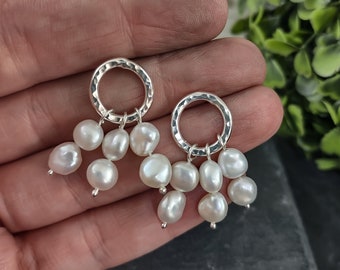 Sterling silver hammered Circle with Freshwater pearl earrings for women