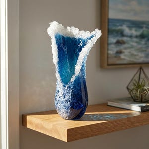 Blue Ocean Wave Resin Vase — Nordic Coastal Desk Decor — Small Sculptural Pot