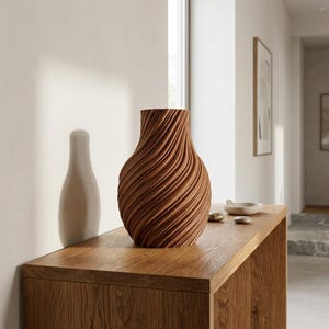 Può includere: Un vaso di medie dimensioni con corpo arrotondato e collo stretto, caratterizzato da una distinta texture a coste a spirale su tutta la superficie. L'oggetto è realizzato in un colore marrone terracotta caldo e solido con finitura opaca.