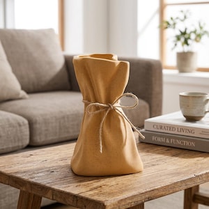 May include: A matte mustard yellow ceramic vase with a textured, speckled finish. The vase has a unique, crumpled paper bag shape with irregular folds and is tied around the middle with a thin, natural brown jute twine string in a simple bow.