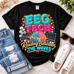 以下が含まれることがあります： EEG TECH Reading Betweeen THE WAVESというテキストが描かれたカラフルなグラフィック付きの黒いTシャツ。脳のイラスト、医療用電極、鮮やかな青、ピンク、黄色の脳波パターンを表示するモニターがデザインされています。