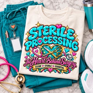 Puede incluir: Una camiseta de color crema con un gráfico que muestra el texto "STERILE PROCESSING" en letras azules grandes, "The Heart Behind Surgery" en letra cursiva rosa y "CLEAN STERILE ESSENTIAL" con corazones rosas y tijeras doradas.