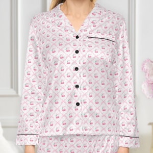 Pink Mon Cheri Satin Pajamas, Coquette Cherry Matching Pajama Set, Watercolor Cherries, Grandmillennial Pajamas, Valentine&#39;s Gift For Her