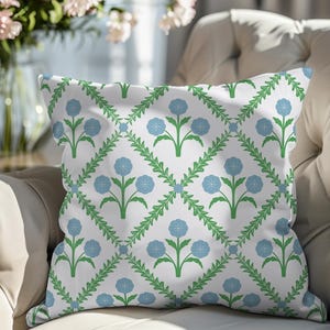 Blue and Green Boho Spring Pillow, Modern Floral Pillow, Preppy Trellis Pillow, Grandmillennial Home Decor, Spring Decor, Gift for Her