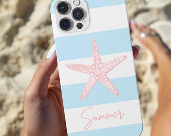 Capa fina de celular listrada azul para o verão, capa personalizada para iPhone, capa para smartphone listrada azul e branca, telefone náutico, presente personalizado para ela