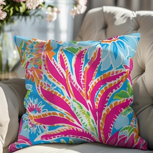 Pink Preppy Floral Pillow, Colorful Personalized Pillow, Watercolor Floral Pillow, Preppy Home Decor, Coastal Beach Decor, Custom Gift