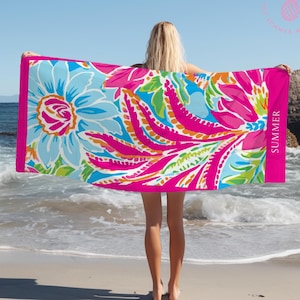 Pink Preppy Floral Beach Towel, Personalized Towel, Watercolor Floral Towel, Coastal Beach Accessories, Preppy Home Decor, Custom Gift
