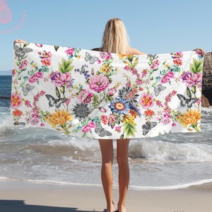 White Cottage Garden Beach Towel, Spring Botanical Towel, Colorful Floral Towel, Grandmillennial Beach Accessories, Custom Gift for Her