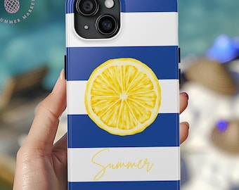 May include: A smartphone case with a blue and white striped design, a yellow lemon slice, and the word "Summer" in script. The case has a blue border and a pineapple logo in the upper left corner.