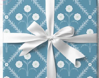 Blue Boho Spring Gift Wrap, Modern Floral Wrapping Paper, Preppy Trellis Gift Wrapping, Grandmillennial Decor, Spring Gift, Gift for Her