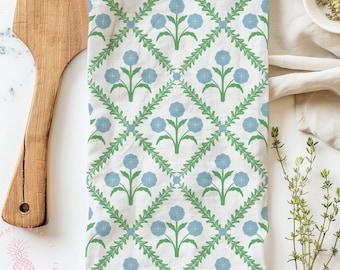 Blue and Green Boho Spring Towel, Modern Floral Tea Towel, Preppy Trellis Kitchen Towel, Grandmillennial Decor, Spring Decor