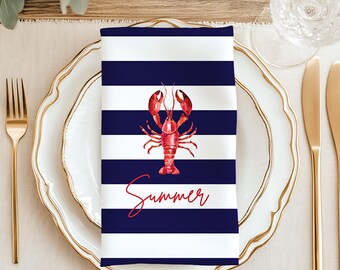 Navy Striped Summer Napkins, Personalized Dinner Napkins, Blue and White Striped Napkin Set, Watercolor Lobster, Coastal Decor, Custom Gift