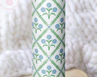 Blue and Green Boho Spring Tumbler, Modern Floral Skinny Tumbler, Preppy Trellis 20oz Bottle, Grandmillennial Decor