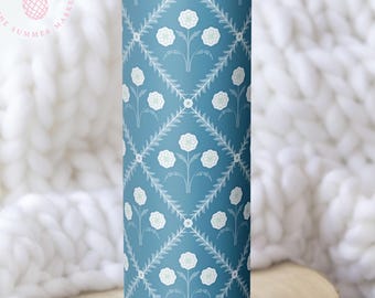 Blue Boho Spring Tumbler, Modern Floral Skinny Tumbler, Preppy Trellis 20oz Water Bottle, Grandmillennial Home Decor