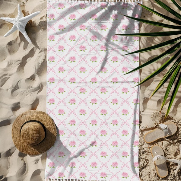 Cottage Roses Boho Beach Towel, Watercolor Roses Beach Blanket, Pink Coquette Beach Decor, Bridal Gift, Custom Gift for Her