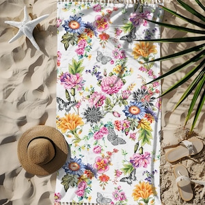 White Cottage Garden Boho Beach Towel, Spring Botanical Beach Blanket, Colorful Floral Towel, Grandmillennial Beach Accessory, Gift for Her