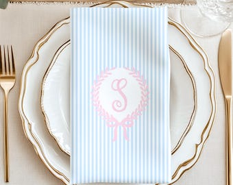 Blue French Country Napkins, Personalized Dinner Napkins, Preppy Striped Napkin Set, Watercolor Monogram Crest, Coastal Decor, Custom Gift