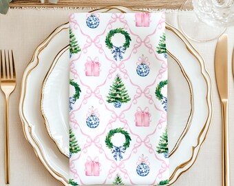 Pink Christmas Bows Napkins, Personalized Dinner Napkins, Holiday Napkin Set, Pink Coquette Bows, Grandmillennial Home Decor, Christmas Gift