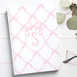 Pink Coquette Bows Journal, Personalized Hardcover Journal, Watercolor Monogram Crest Notebook