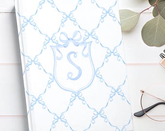 Blue Coquette Bows Journal, Personalized Hardcover Journal, Watercolor Monogram Crest