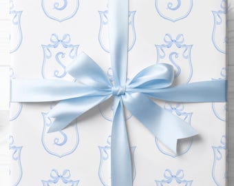 Blue Coquette Bows Gift Wrap, Personalized Watercolor Monogram Wrapping Paper, Grandmillennial Gift Wrap