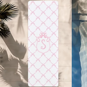 Pink Coquette Bows Yoga Mat, Personalized Yoga Mat, Coquette Exercise Mat, Monogram Crest, Grandmillennial Workout Accessories