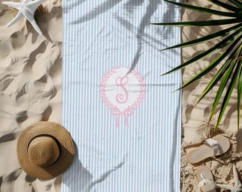 Blue French Country Boho Towel, Personalized Beach Cloth, Preppy Striped Beach Towel, Monogram Crest, Coastal Beach Accessories, Custom Gift