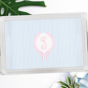 Blue French Country Tray, Personalized Acrylic Tray, Preppy Striped Serving Tray, Watercolor Monogram Crest, Coastal Home Decor, Custom Gift