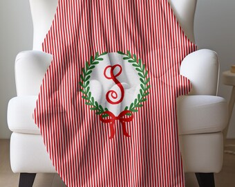 Red French Country Blanket, Personalized Baby Blanket, Preppy Striped Blanket, Watercolor Monogram Crest, Christmas Home Decor