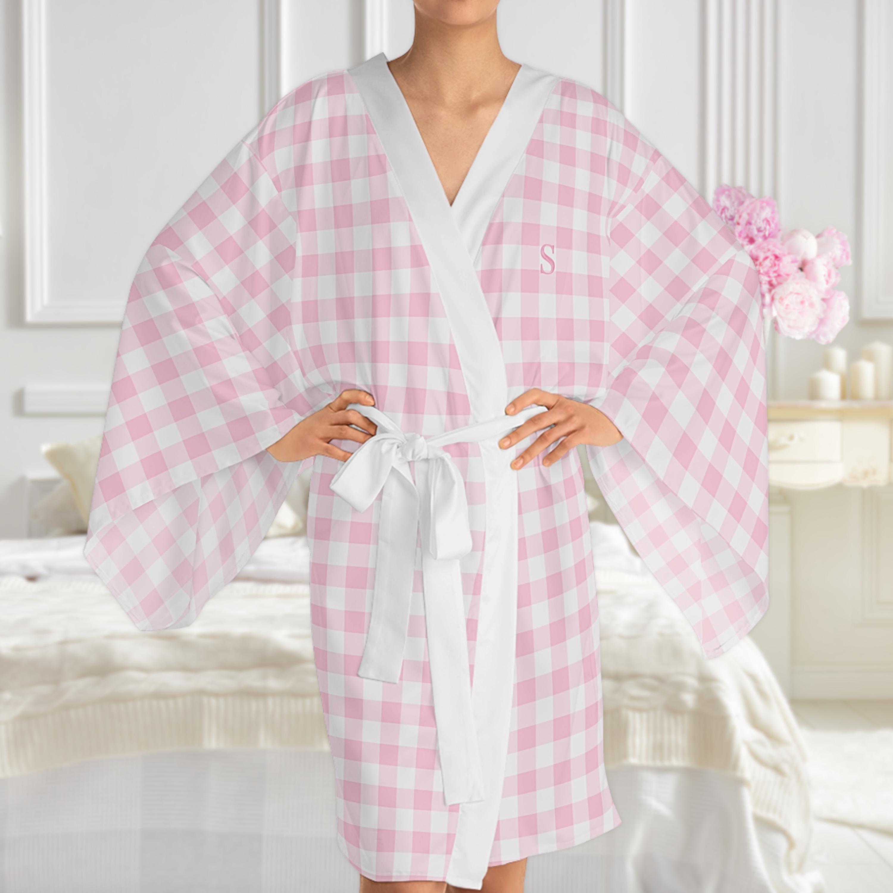 Pink Gingham Robe, Women's Personalized Kimono, Preppy Sleepware, Grandmillennial Pajama Set