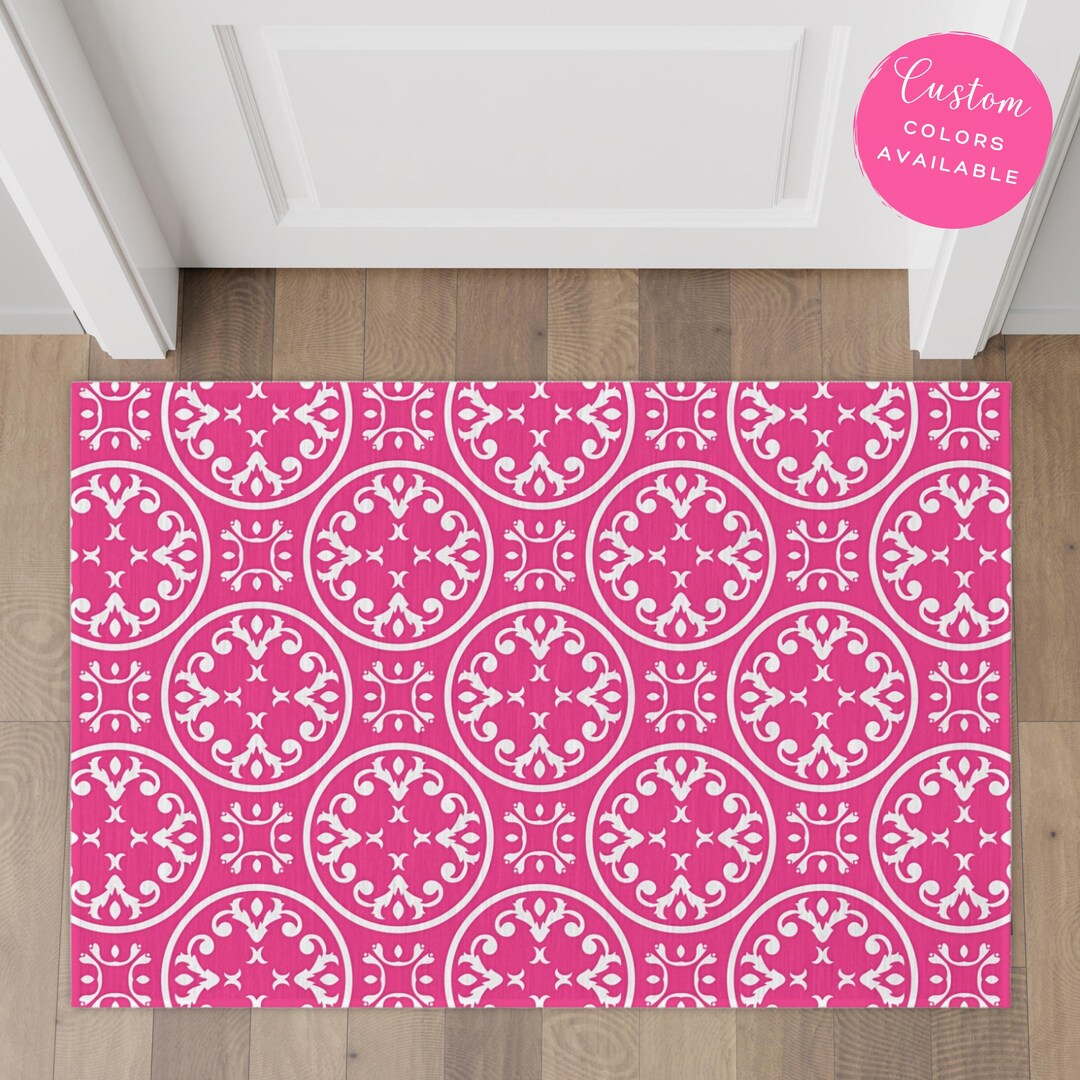 Pink Medallion Rug, Custom Welcome Mat, Preppy Layering Rug ...
