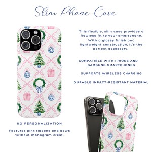 May include: A slim phone case with a white background and a repeating pattern of pink bows, Christmas trees, ornaments, and gift boxes. The case is compatible with iPhones and Samsung smartphones and supports wireless charging.