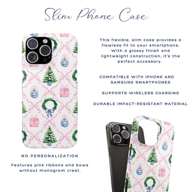 May include: A slim phone case with a white background and a repeating pattern of pink bows, Christmas trees, ornaments, and gift boxes. The case is compatible with iPhones and Samsung smartphones and supports wireless charging.