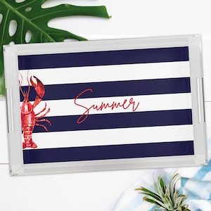 Navy Striped Summer Tray, Personalized Acrylic Tray, Blue and White Striped Tray, Watercolor Lobster Tray, Coastal Beach Decor, Custom Gift