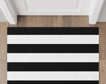 Black Cabana Stripes Rug, Personalized Beach Welcome Mat, Black and White Striped Rug, Preppy Home Decor, Tropical Beach Decor